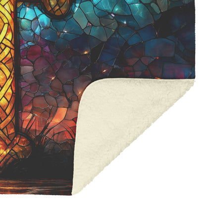 Golden Celtic Cross Stained Glass Fleece Sherpa Blanket Radiant Christian Art Cozy Home Decor Inspirational Gift - Awakening Righteousness