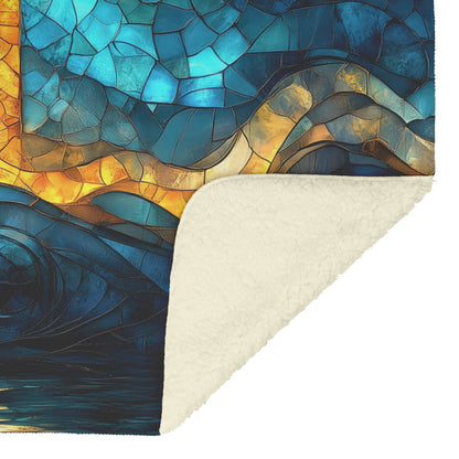 Golden Cross Sherpa Blanket Stained Glass Ocean Waves Christian Comfort Inspirational Home Decor - Awakening Righteousness