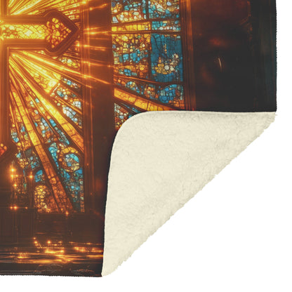 Golden Cross Stained Glass Fleece Sherpa Blanket Radiant Cathedral Design Christian Art Cozy Inspirational Gift - Awakening Righteousness