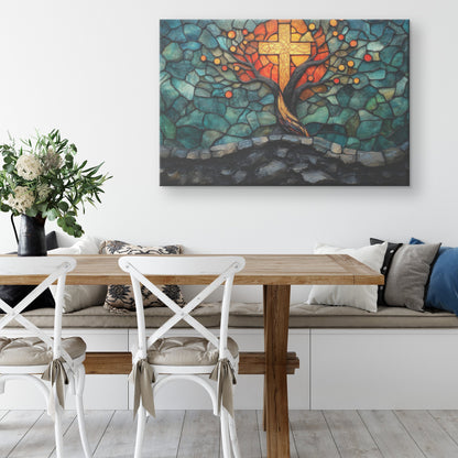 Golden Cross Tree of Life Stained Glass Style Christian Canvas Wall Art Spiritual Decor for Home or Church - Awakening Righteousness