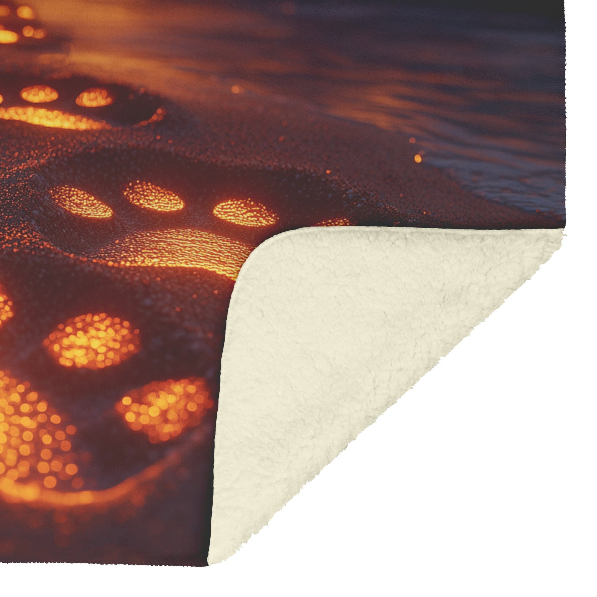 Golden Dog Paw Prints Glowing on Sandy Beach at Sunrise with Waves Brushing Shore Natural Scenery Sherpa Blanket - Awakening Righteousness
