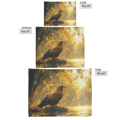 Golden Eagle Resting Near Glowing River Surrounded by Ancient Trees and Shimmering Golden Light Fleece Sherpa Blanket - Awakening Righteousness