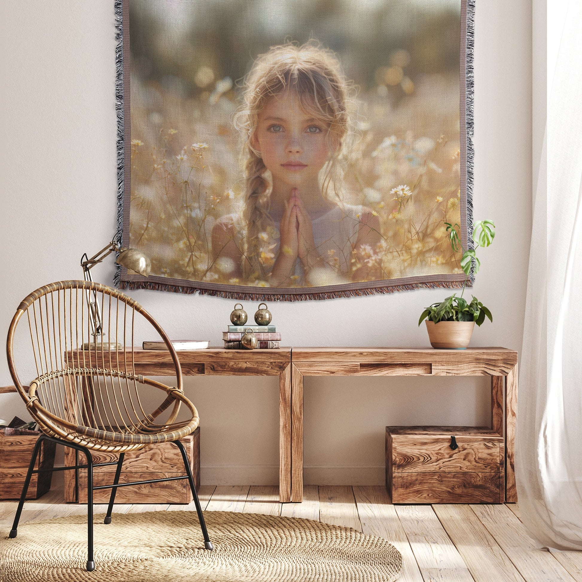 Golden Field Praying Child Woven Throw Blanket - Awakening Righteousness