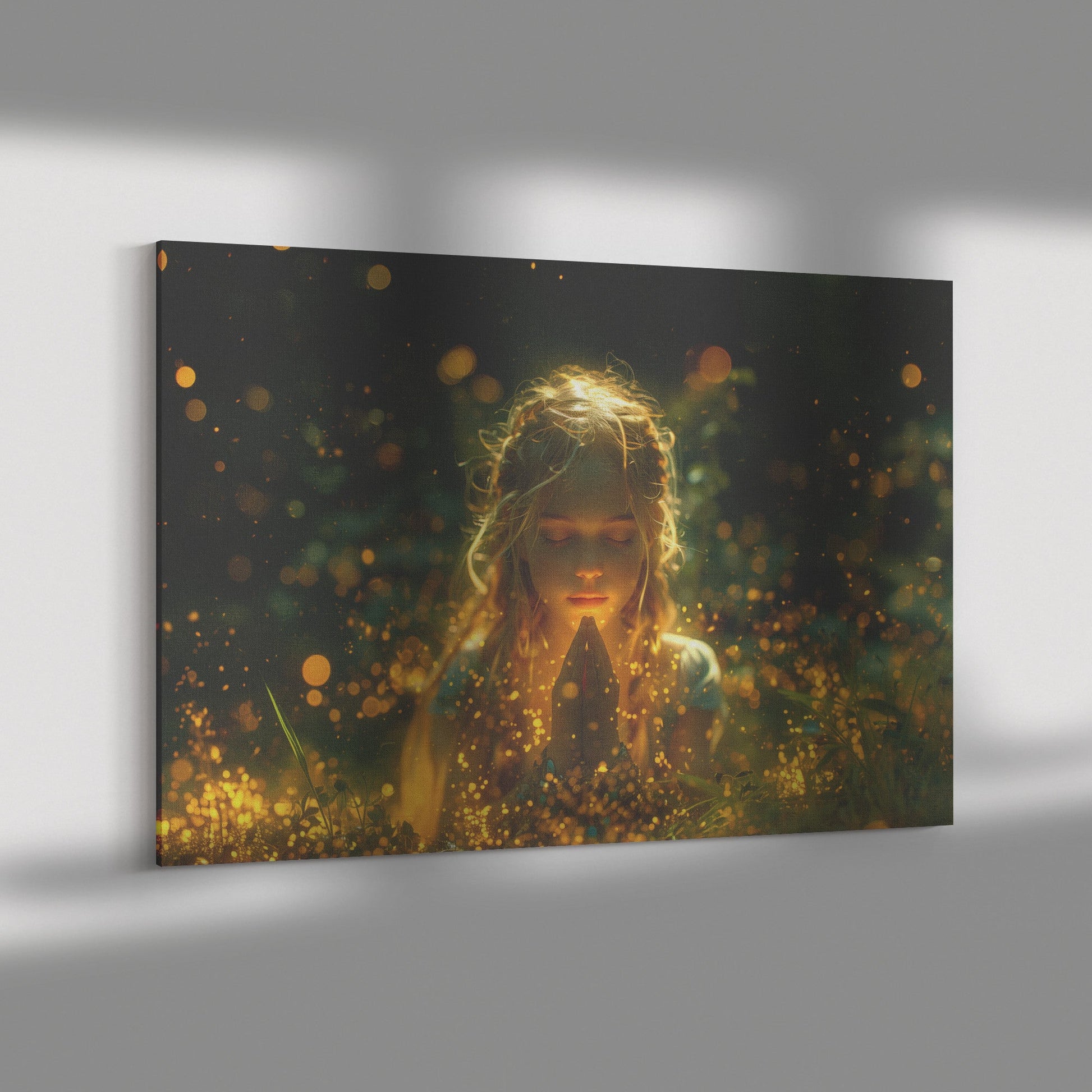 Golden Glow of Serenity Girl Praying in Enchanted Forest Canvas Wall Art Decor - Awakening Righteousness