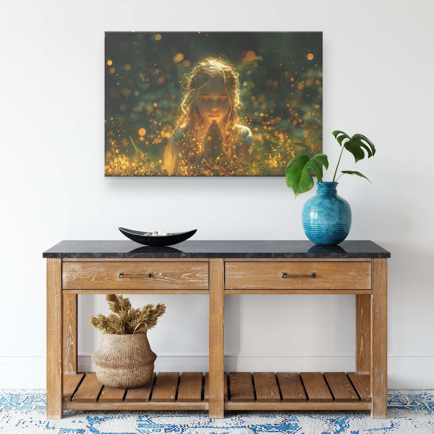 Golden Glow of Serenity Girl Praying in Enchanted Forest Canvas Wall Art Decor - Awakening Righteousness