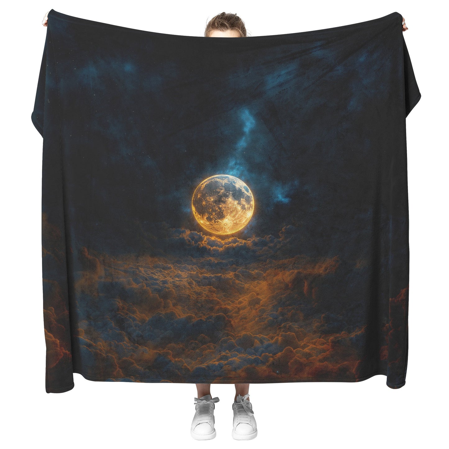 Golden Moonlit Clouds Fleece Sherpa Blanket Ethereal Night Sky Celestial Design - Awakening Righteousness