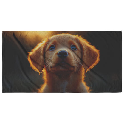 Golden Puppy Glow Beach Towel Sunset Inspired Design for Dog Lovers - Awakening Righteousness