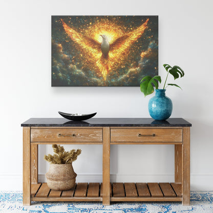Golden Radiant Dove Stained Glass Canvas Wall Art Symbol of Peace, Faith, and Spiritual Illumination for Home Decor - Awakening Righteousness