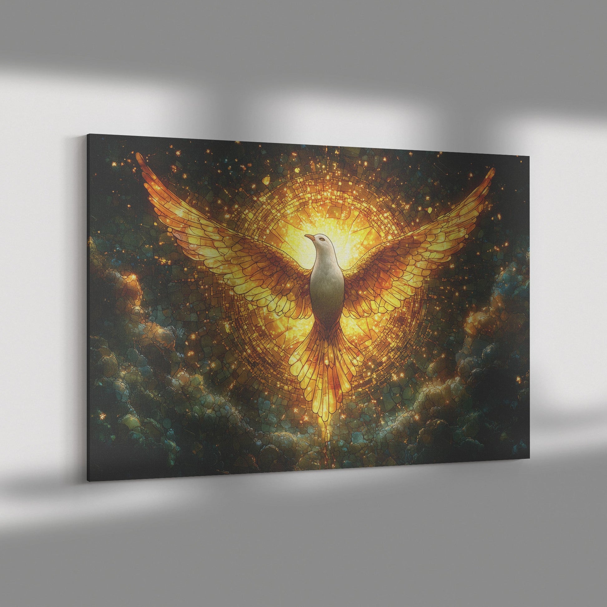 Golden Radiant Dove Stained Glass Canvas Wall Art Symbol of Peace, Faith, and Spiritual Illumination for Home Decor - Awakening Righteousness