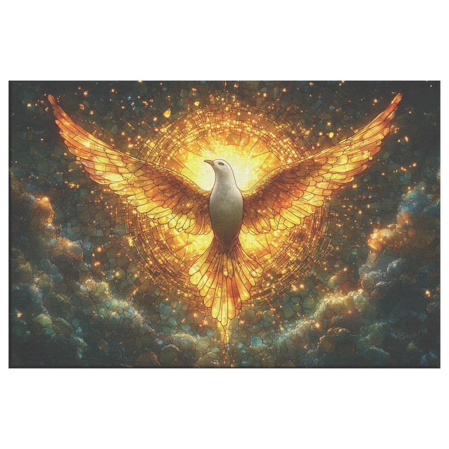 Golden Radiant Dove Stained Glass Canvas Wall Art Symbol of Peace, Faith, and Spiritual Illumination for Home Decor - Awakening Righteousness