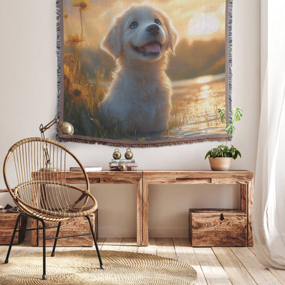 Golden Retriever Puppy by the Water Cozy Woven Throw Blanket - Awakening Righteousness