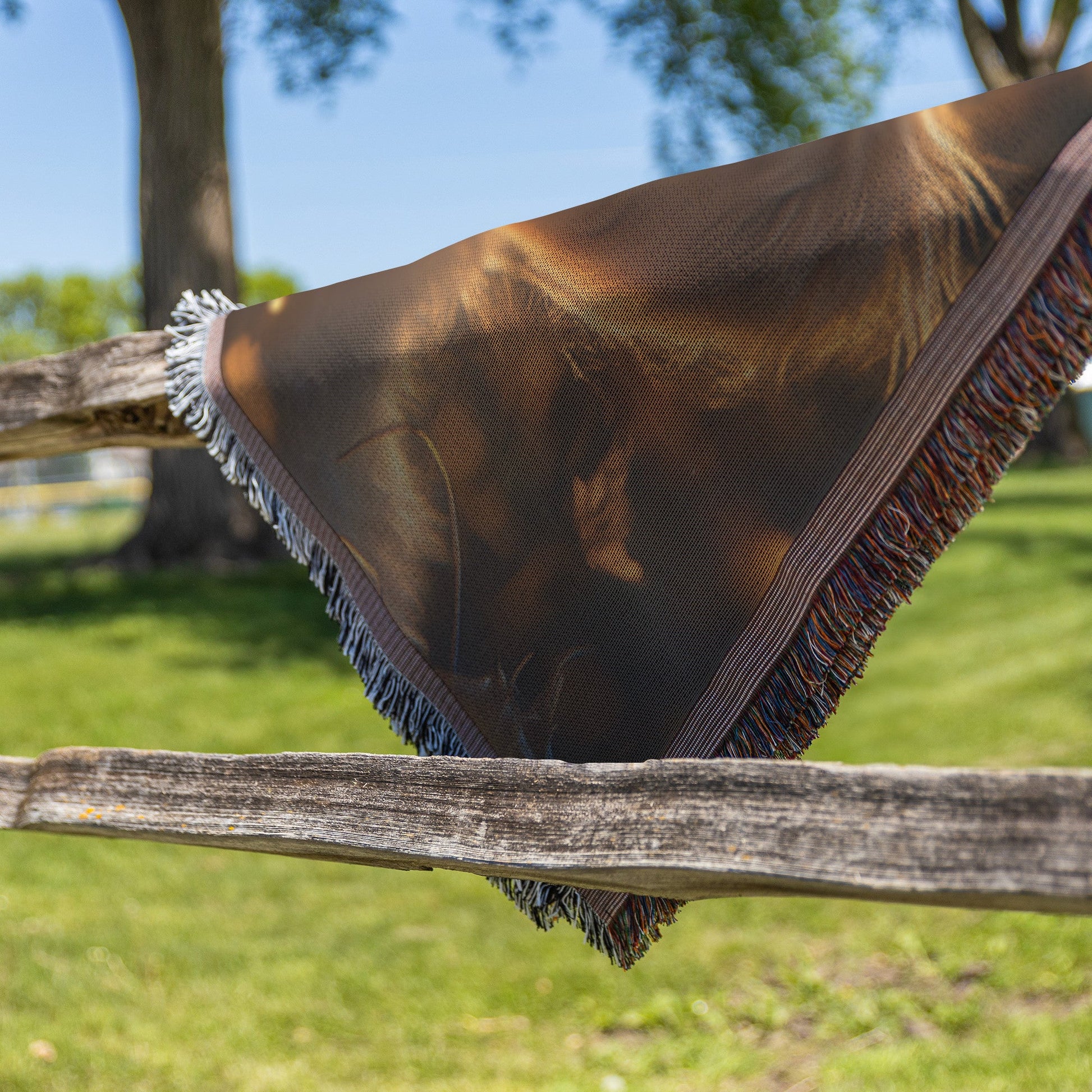 Golden Retriever Puppy with Blue Eyes and Fireflies at Sunset Cozy Woven Throw Blanket - Awakening Righteousness