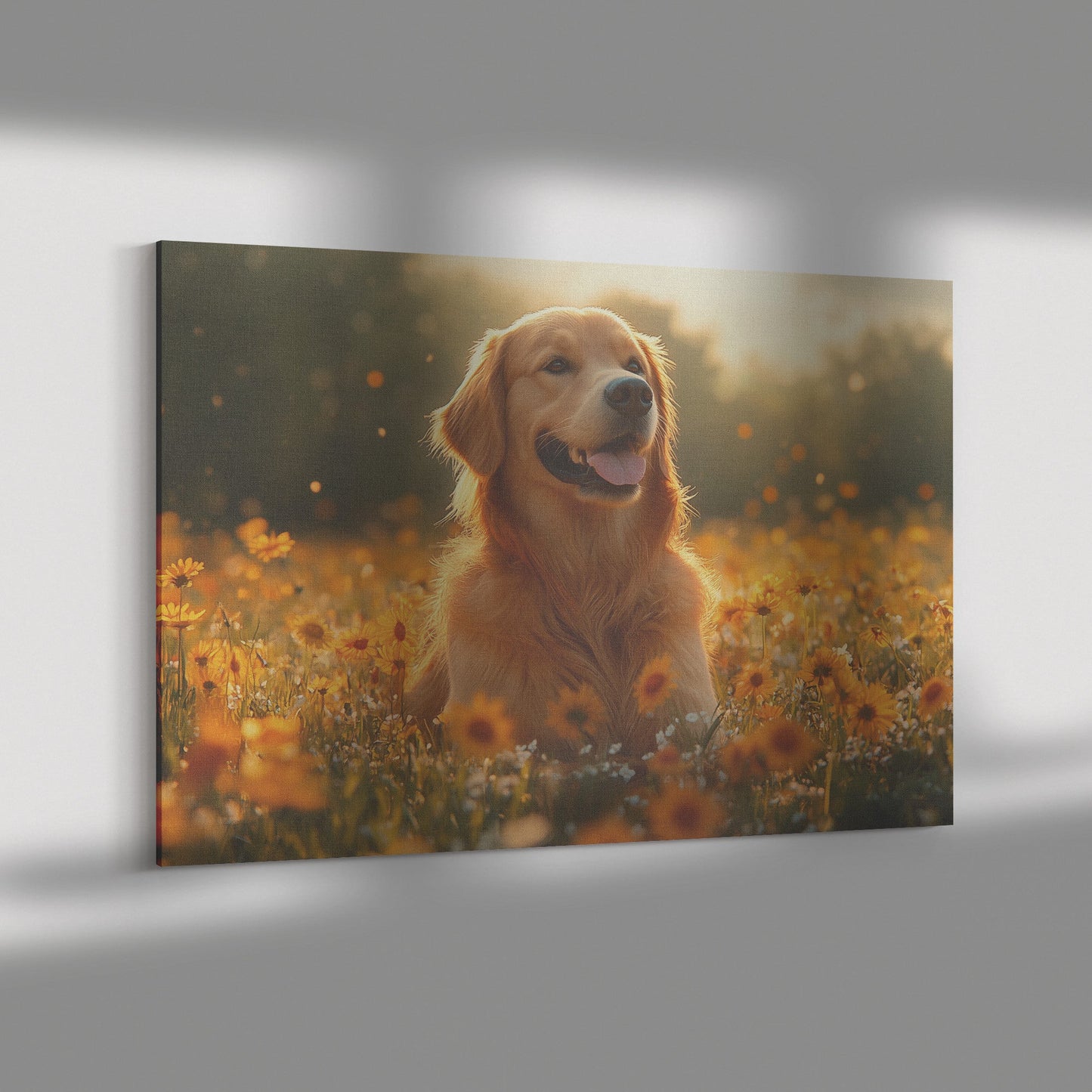 Golden Retriever Sitting Happily in Sunny Meadow Surrounded by Wildflowers with Glowing Sunlight Canvas Wall Art Decor - Awakening Righteousness