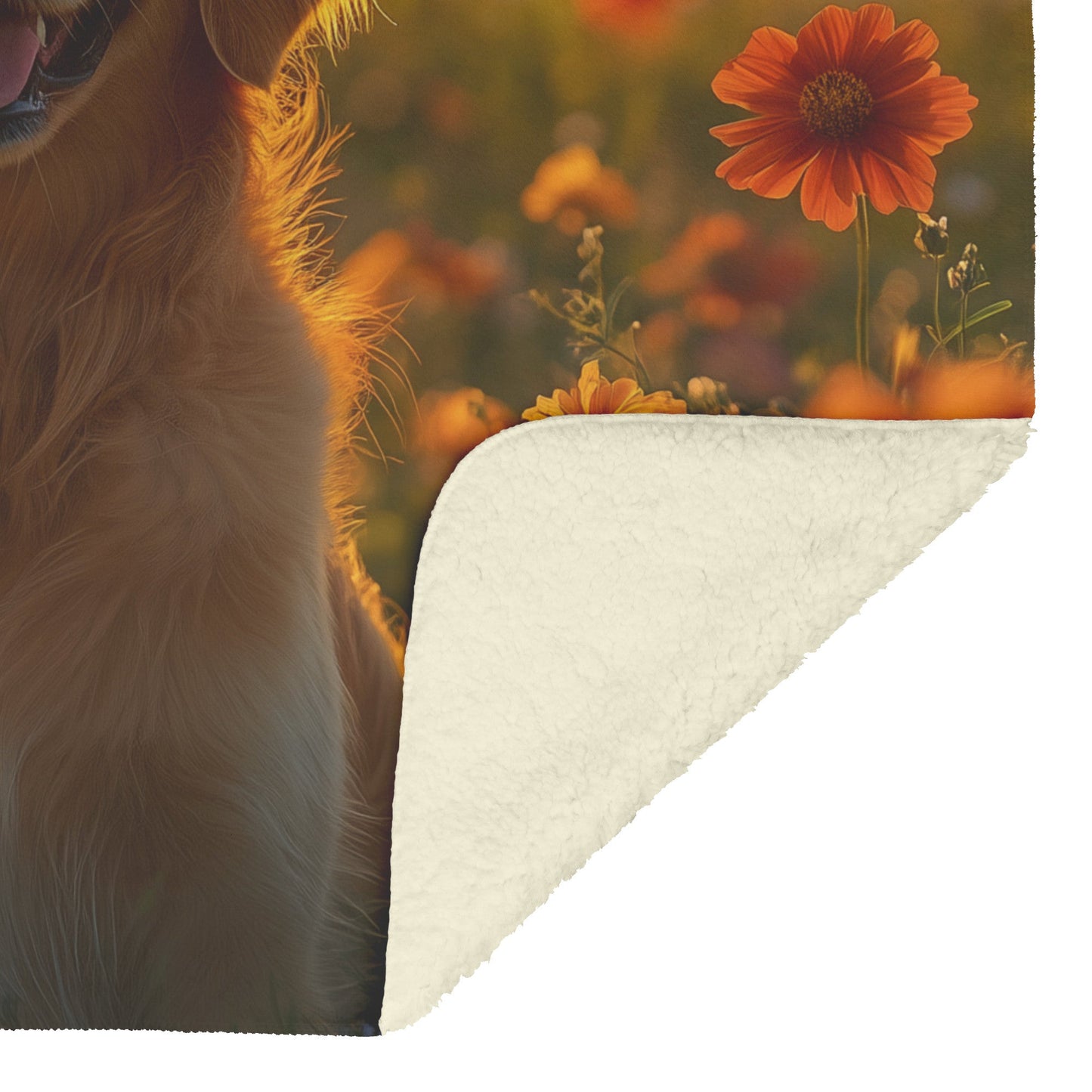 Golden Retriever Sitting Happily in Sunny Meadow with Wildflowers and Glowing Sunlight Fleece Sherpa Blanket - Awakening Righteousness