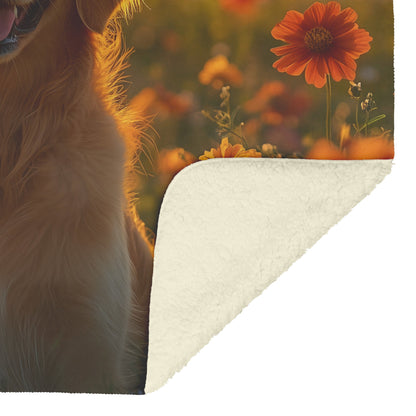 Golden Retriever Sitting Happily in Sunny Meadow with Wildflowers and Glowing Sunlight Fleece Sherpa Blanket - Awakening Righteousness