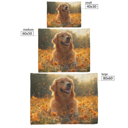 Golden Retriever Sitting Happily in Sunny Meadow with Wildflowers and Glowing Sunlight Fleece Sherpa Blanket - Awakening Righteousness