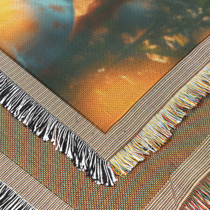 Golden Sunlit Girl in Wildflower Field Woven Throw Blanket - Awakening Righteousness