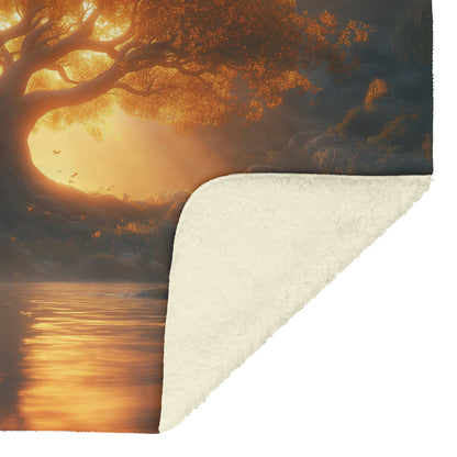 Golden Sunlit Tree Fleece Sherpa Blanket Warm Nature Inspired Scenic Design - Awakening Righteousness