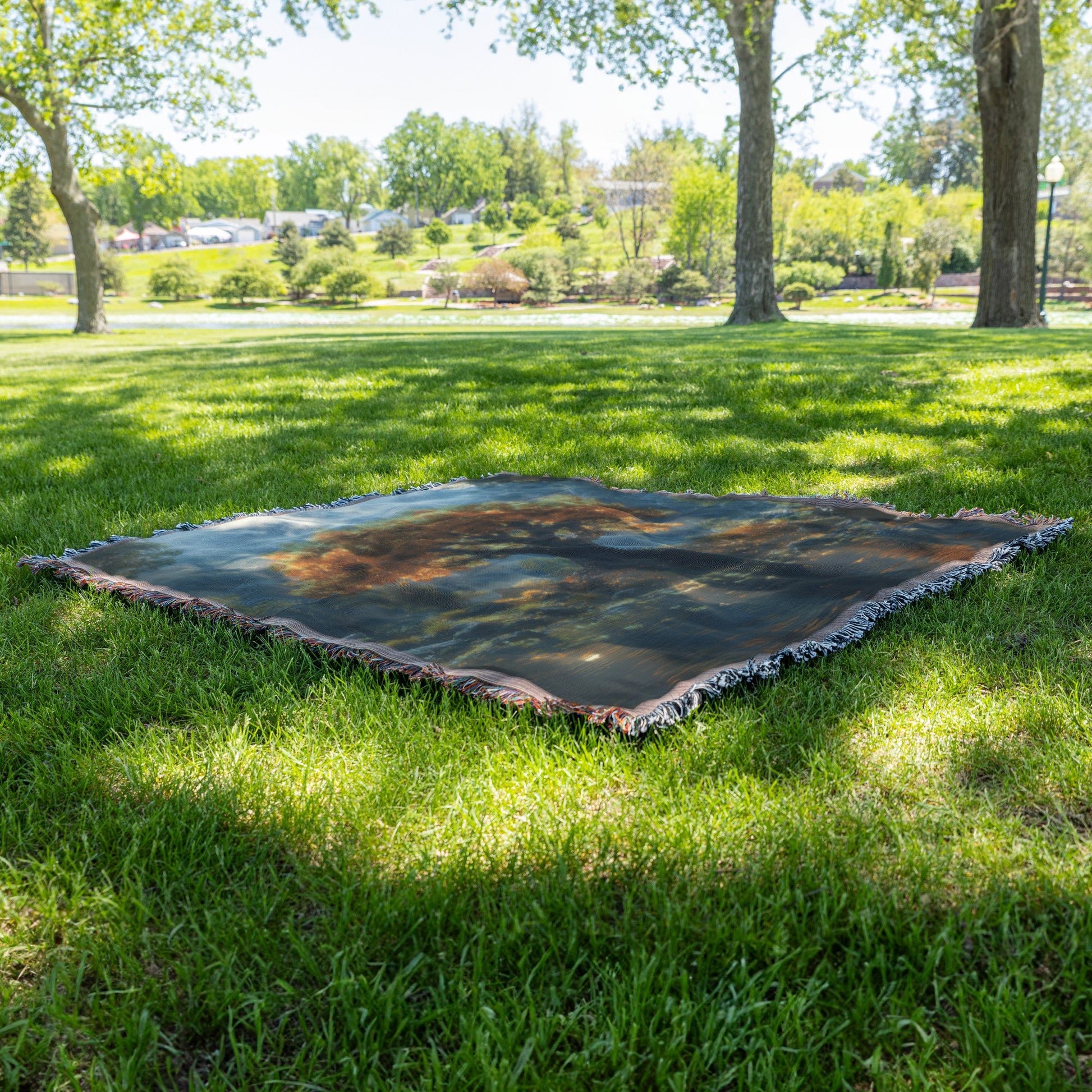 Golden Tree by Reflective Lake Woven Throw Blanket - Awakening Righteousness