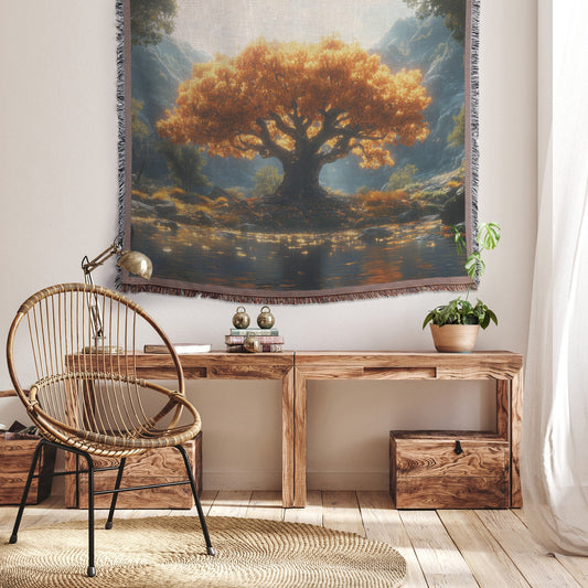 Golden Tree by Reflective Lake Woven Throw Blanket - Awakening Righteousness