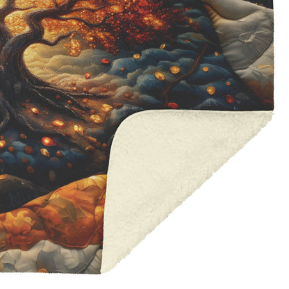 Golden Tree of Life Autumn Glow Fleece Sherpa Blanket Vibrant Cozy Decorative Spiritual Comfort - Awakening Righteousness