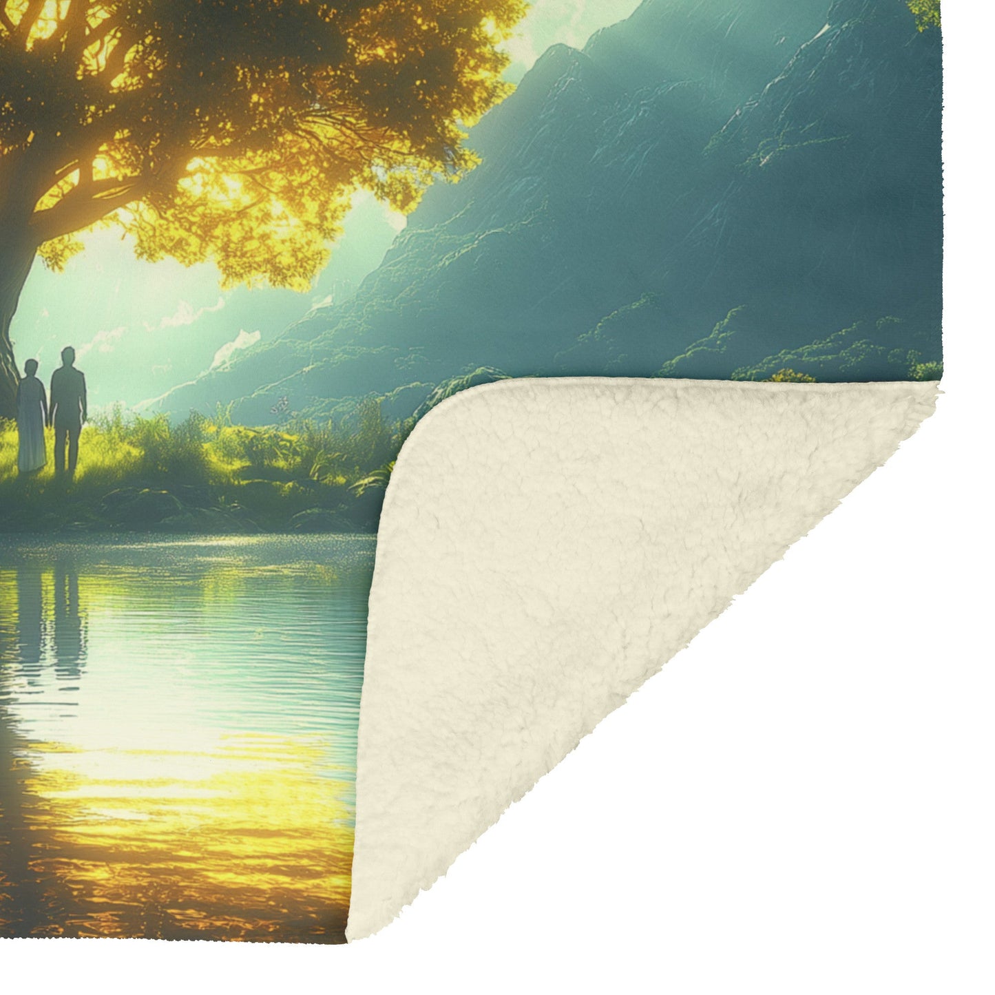 Golden Tree of Life by River with Adam and Eve Gazing in Awe Cozy Christian Fleece Sherpa Blanket - Awakening Righteousness