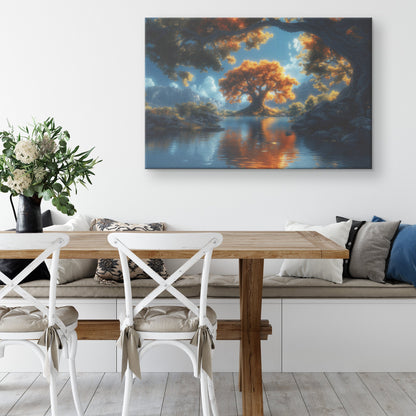 Golden Tree of Life by Serene Lake with Mountain View Canvas Wall Art Decor - Awakening Righteousness