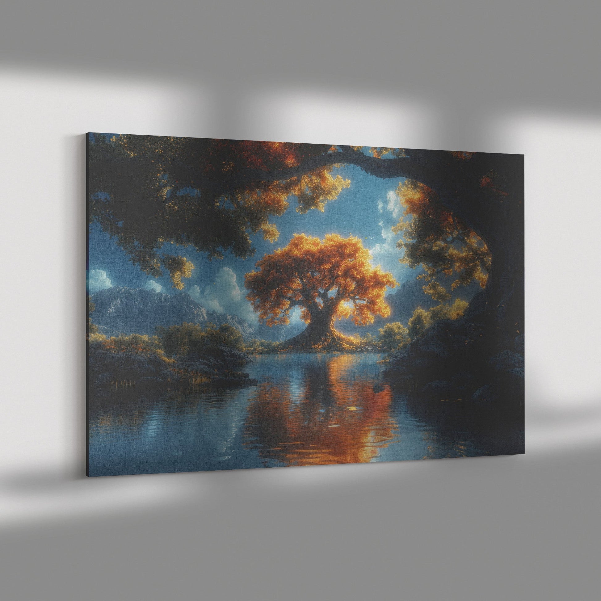 Golden Tree of Life by Serene Lake with Mountain View Canvas Wall Art Decor - Awakening Righteousness