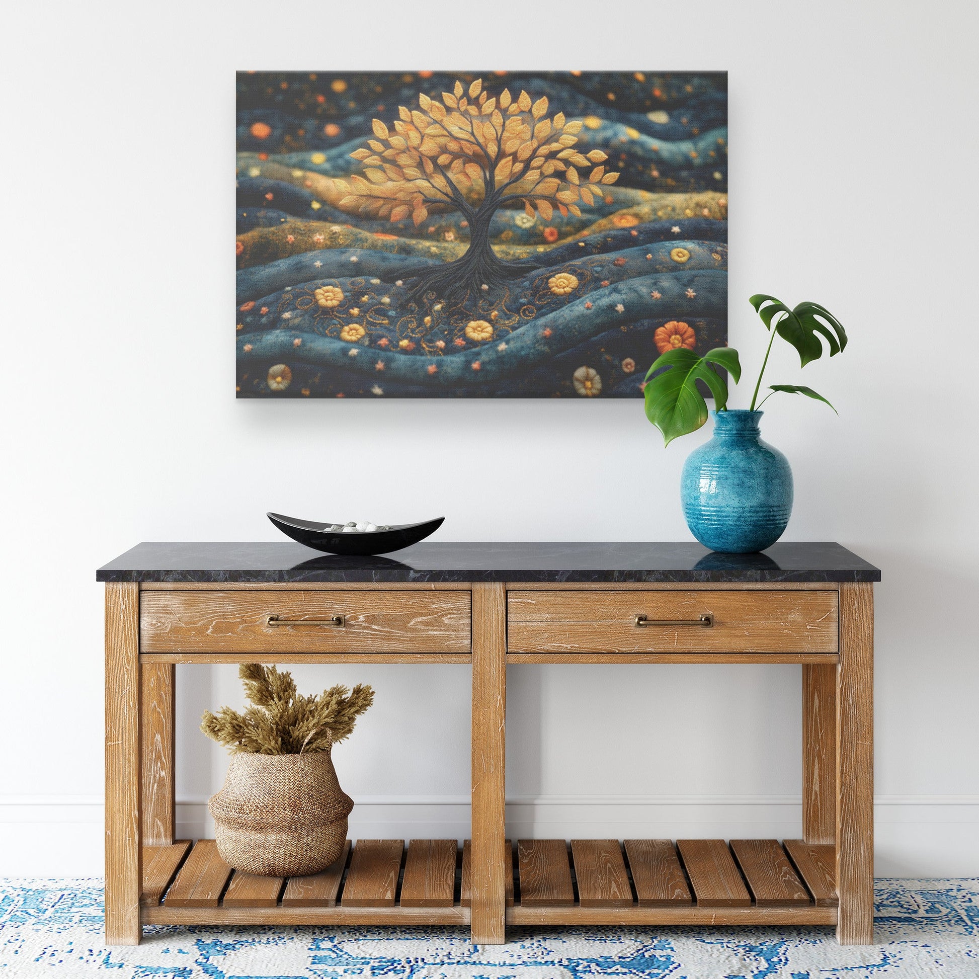 Golden Tree of Life Embroidered Christian Canvas Wall Art for Home Decor and Spiritual Inspiration - Awakening Righteousness