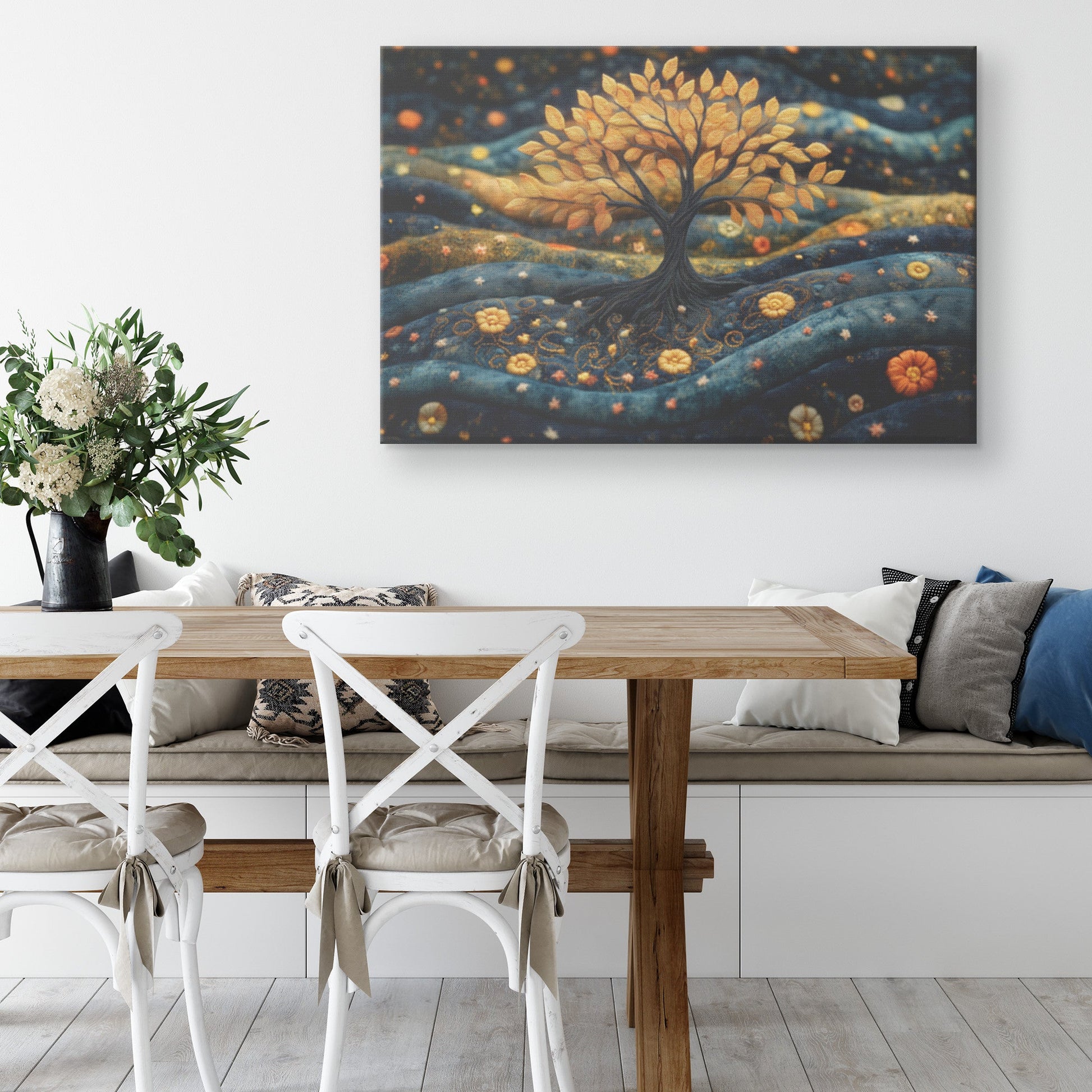 Golden Tree of Life Embroidered Christian Canvas Wall Art for Home Decor and Spiritual Inspiration - Awakening Righteousness