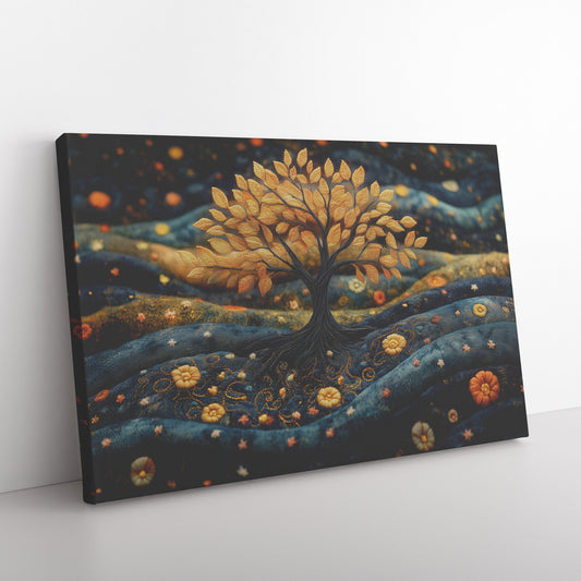 Golden Tree of Life Embroidered Christian Canvas Wall Art for Home Decor and Spiritual Inspiration - Awakening Righteousness