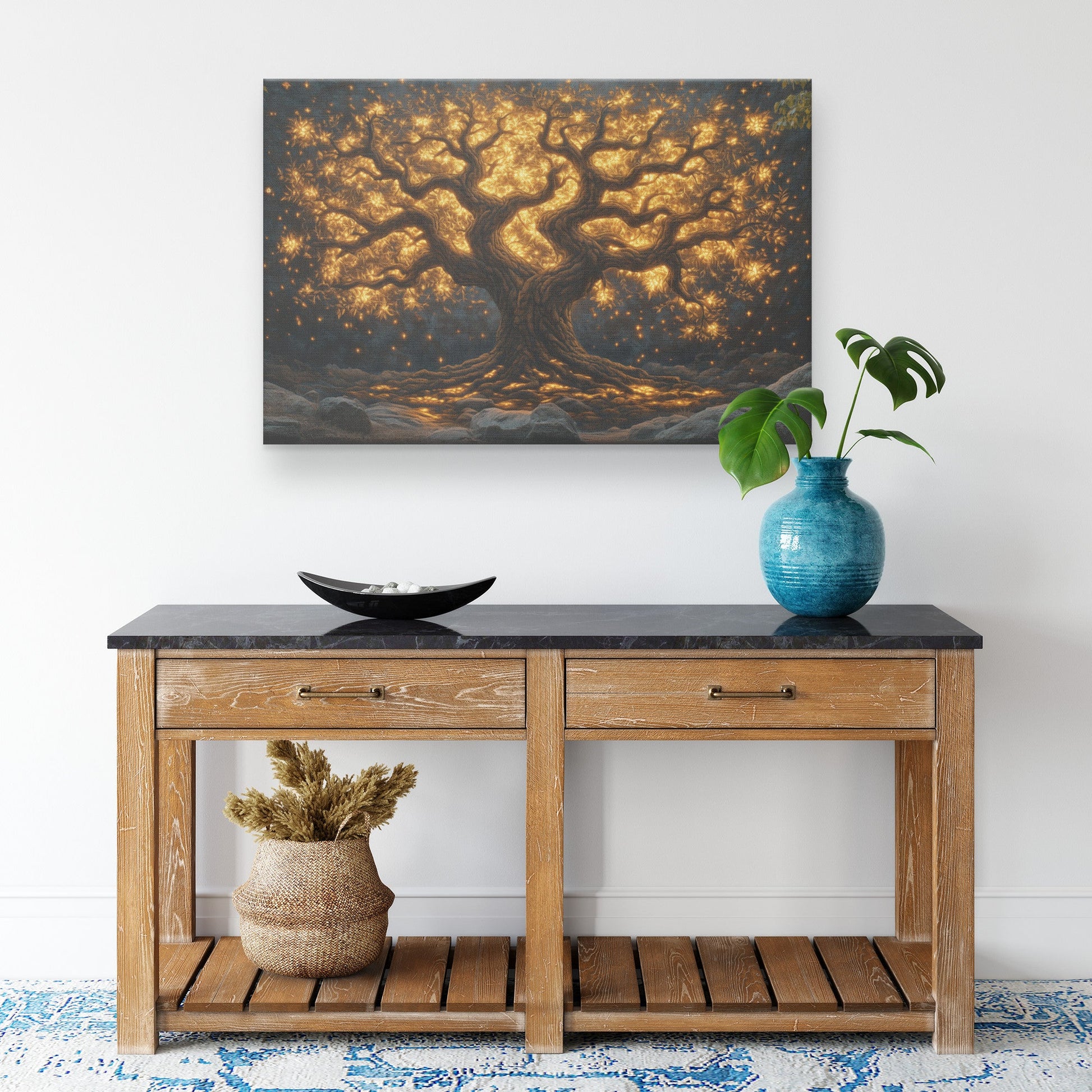 Golden Tree of Life Illuminating Darkness Christian Canvas Wall Art for Faith Inspired Home and Spiritual Decor - Awakening Righteousness