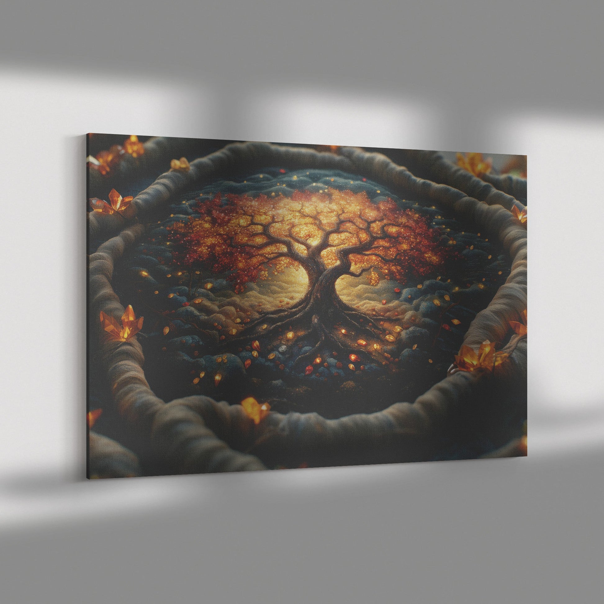 Golden Tree of Life Surrounded by Crystals Christian Canvas Wall Art for Home and Spiritual Room Decor - Awakening Righteousness