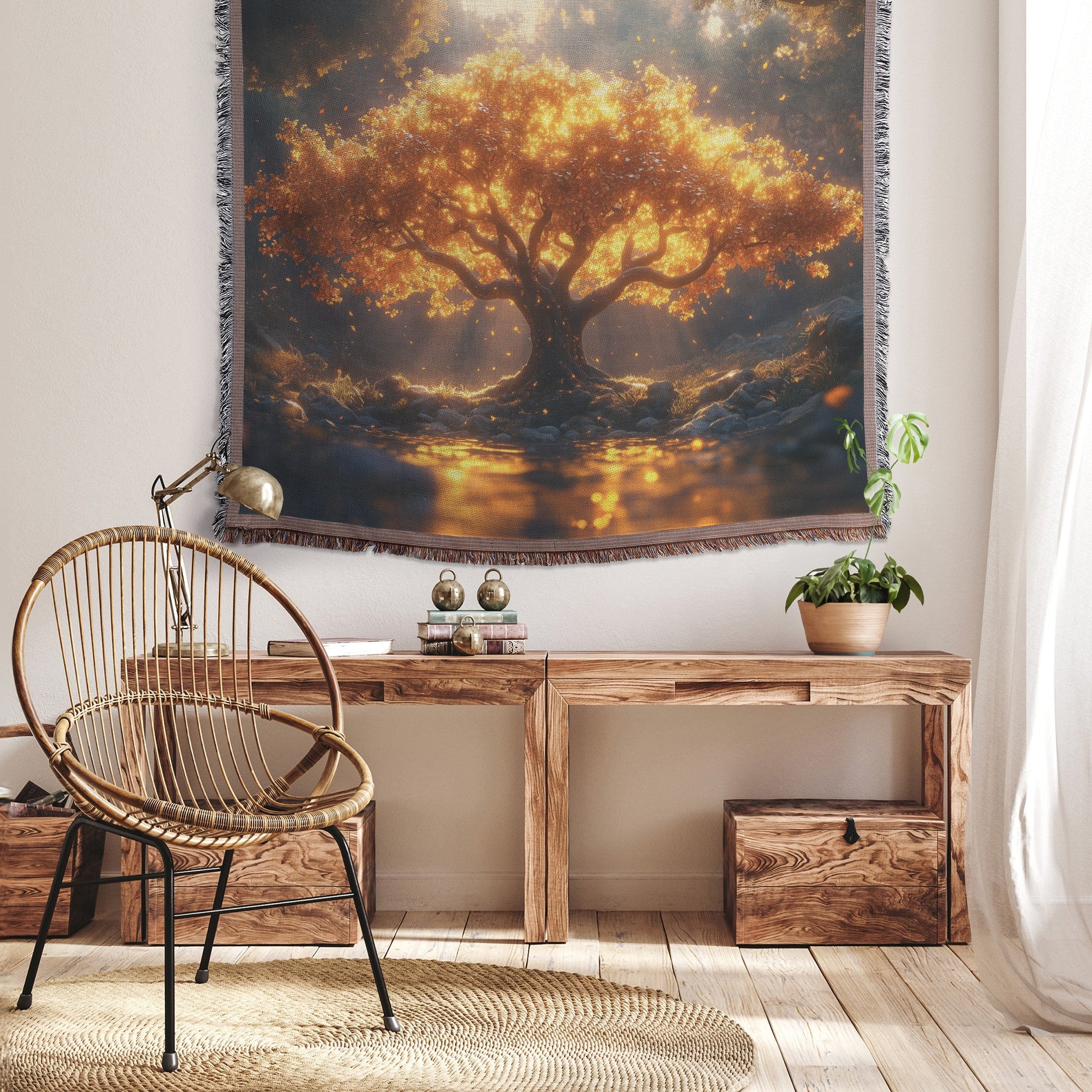 Golden Tree of Life Surrounded by Flowing River and Lush Forest Woven Throw Blanket - Awakening Righteousness