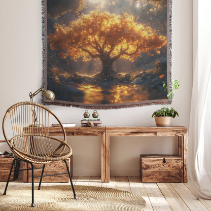 Golden Tree of Life Surrounded by Flowing River and Lush Forest Woven Throw Blanket - Awakening Righteousness
