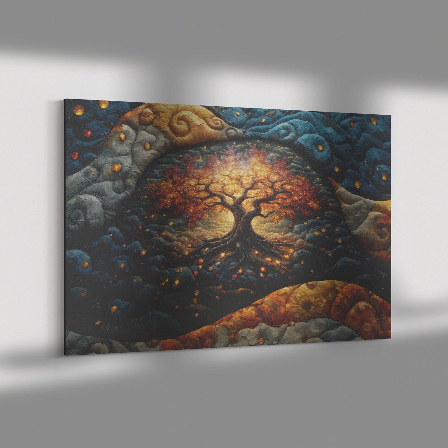 Golden Tree of Life Surrounded by Vibrant Quilted Landscape Canvas Wall Art Spiritual Home Decor - Awakening Righteousness