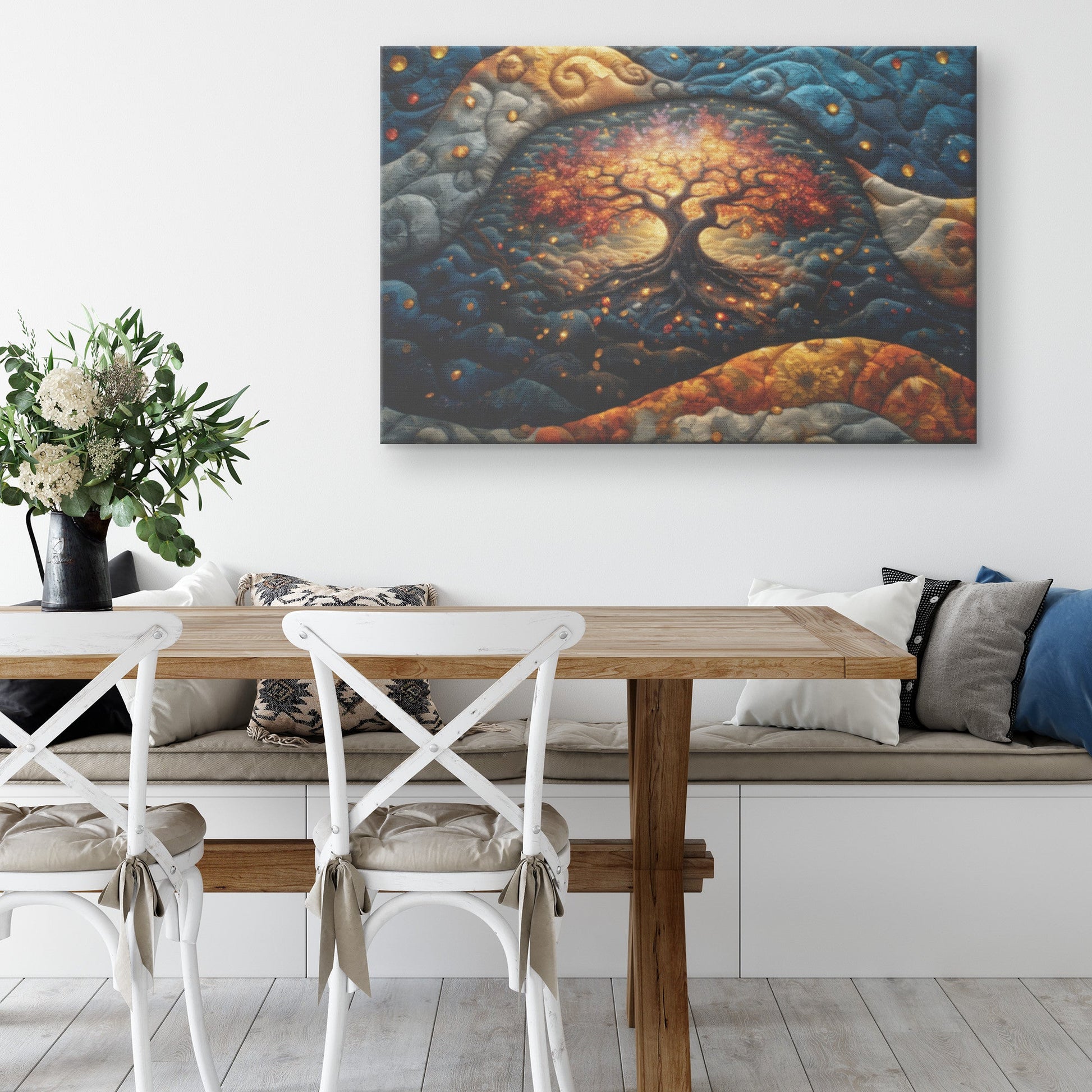 Golden Tree of Life Surrounded by Vibrant Quilted Landscape Canvas Wall Art Spiritual Home Decor - Awakening Righteousness