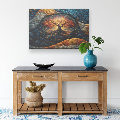Golden Tree of Life Surrounded by Vibrant Quilted Landscape Canvas Wall Art Spiritual Home Decor - Awakening Righteousness
