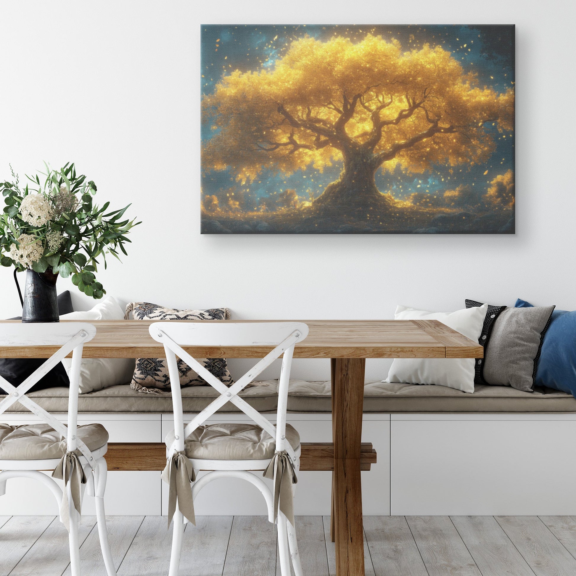 Golden Tree of Life with Sparkling Stars Fantasy Illustration Canvas Wall Art Decor - Awakening Righteousness