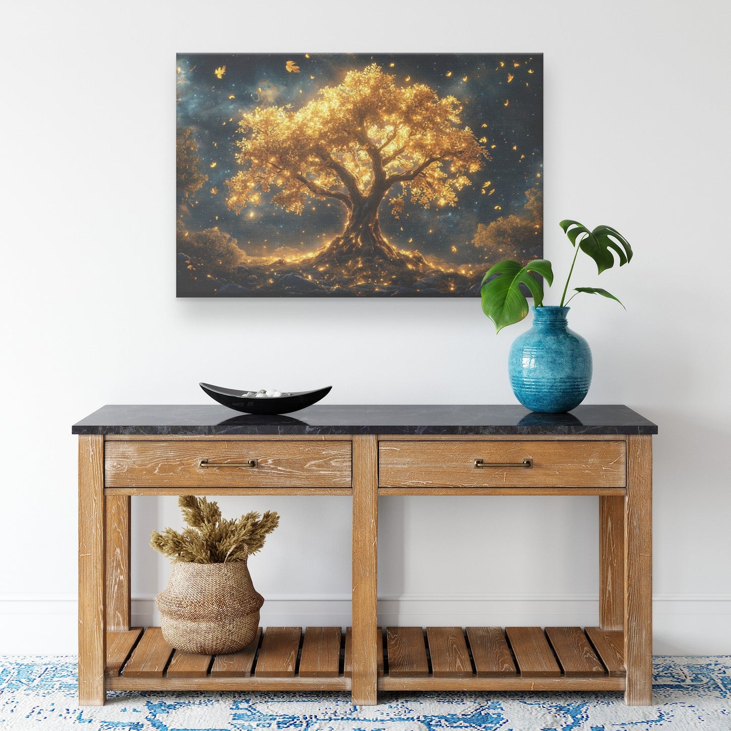 Golden Tree of Light with Falling Leaves Against a Starry Night Canvas Wall Art for Inspirational Decor - Awakening Righteousness