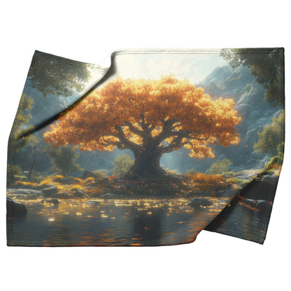Golden Tree Reflection Fleece Sherpa Blanket Nature Inspired Tranquil Scenic Design - Awakening Righteousness