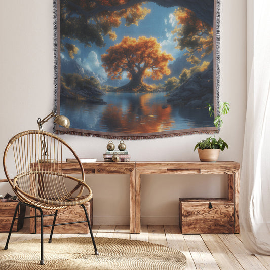 Golden Tree Reflection in Tranquil Lake Woven Throw Blanket - Awakening Righteousness