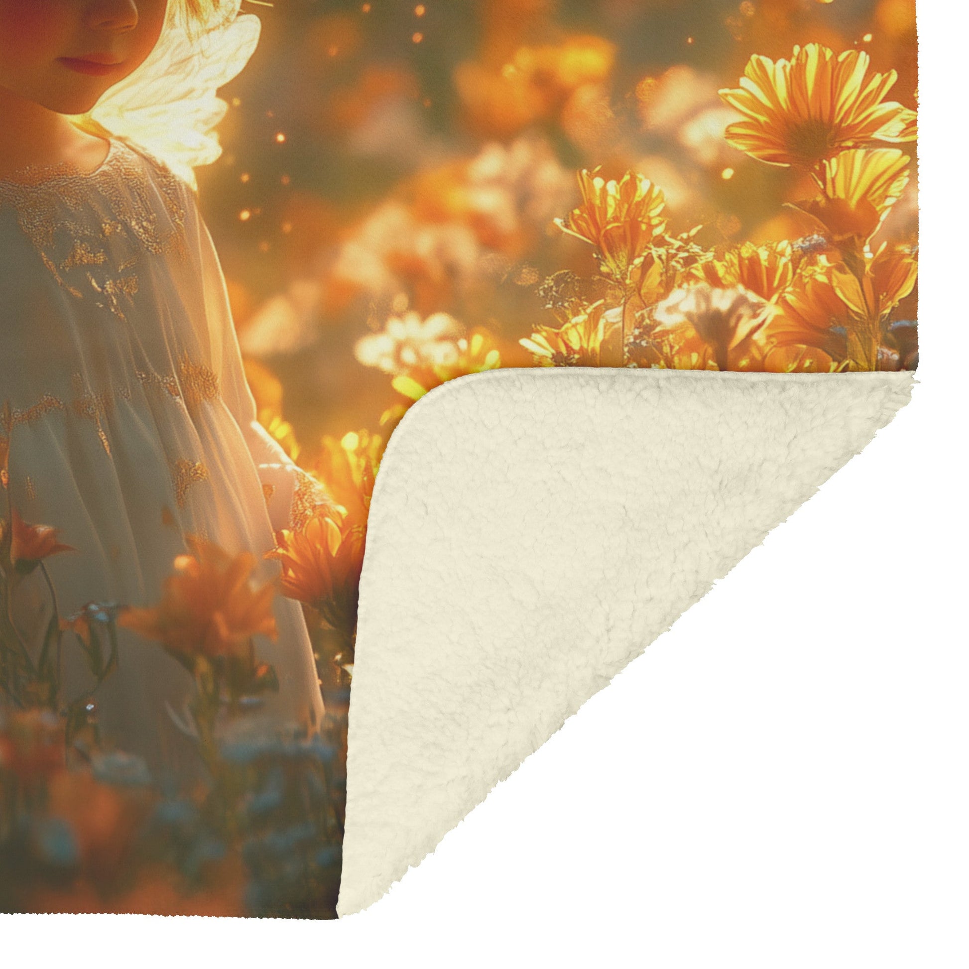 Golden Winged Angel in Flower Field Fleece Sherpa Blanket Peace and Tranquility - Awakening Righteousness