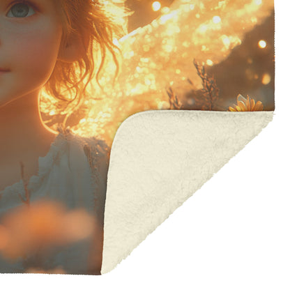 Golden Winged Angel in Sunlit Flower Field Fleece Cozy Christian Sherpa Blanket Peace and Magic - Awakening Righteousness
