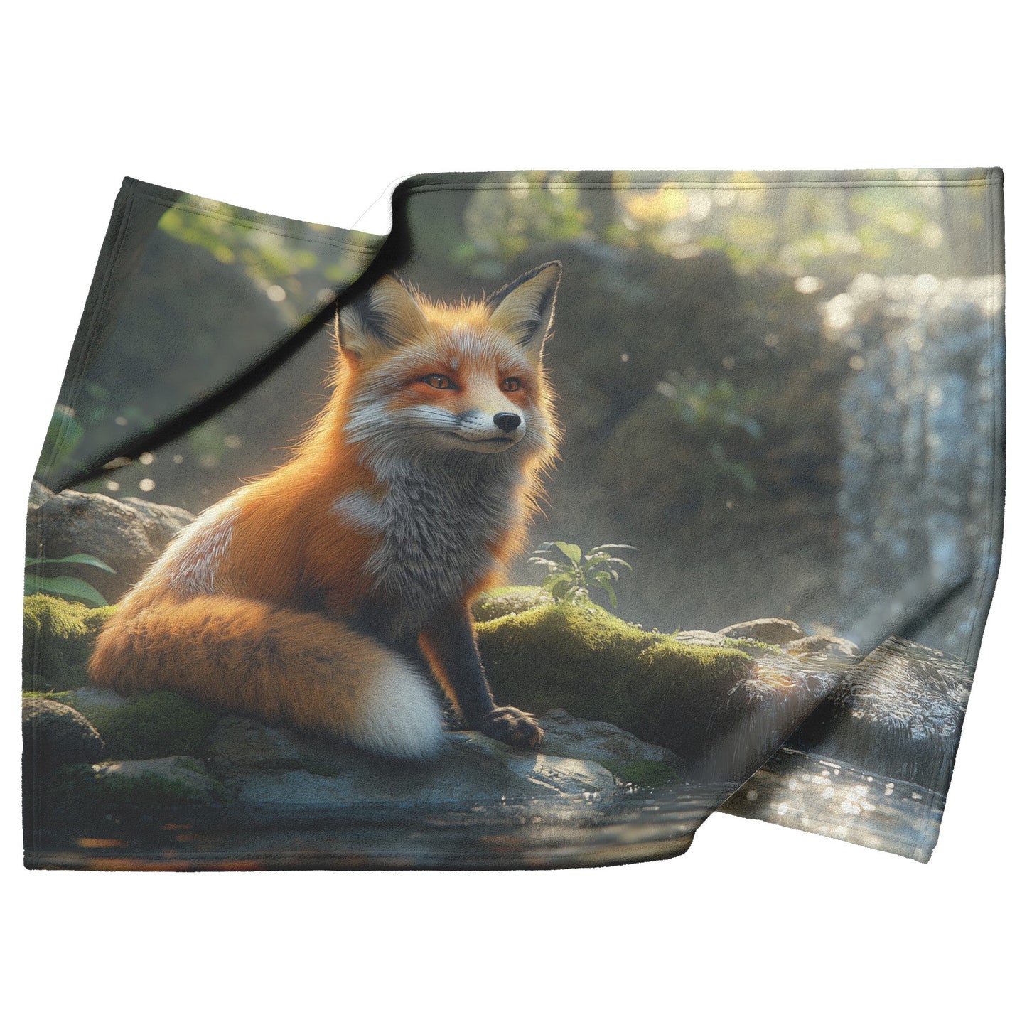 Graceful Fox by Glowing Waterfall in Peaceful Forest Lush Green Moss Fleece Sherpa Blanket - Awakening Righteousness