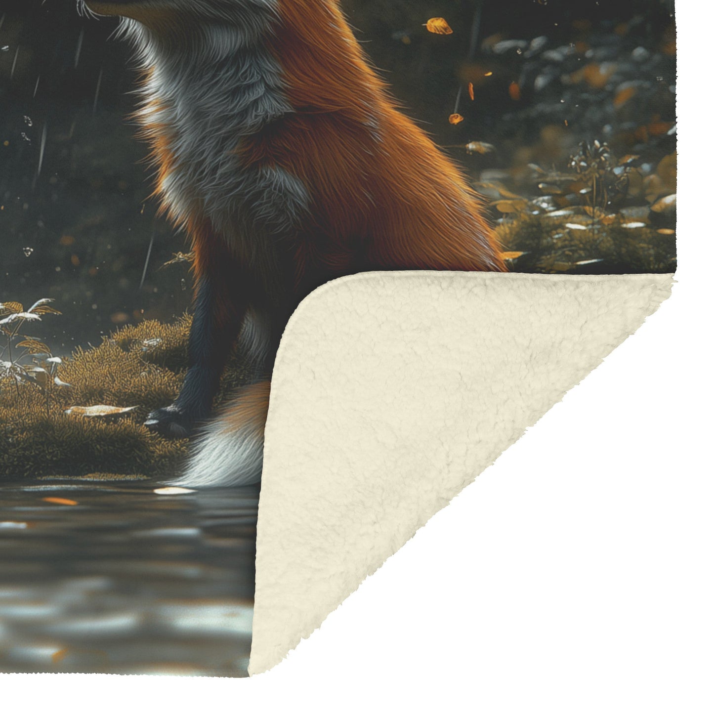 Graceful Fox Near Glowing Waterfall Peaceful Forest Lush Green Moss Fleece Sherpa Blanket - Awakening Righteousness