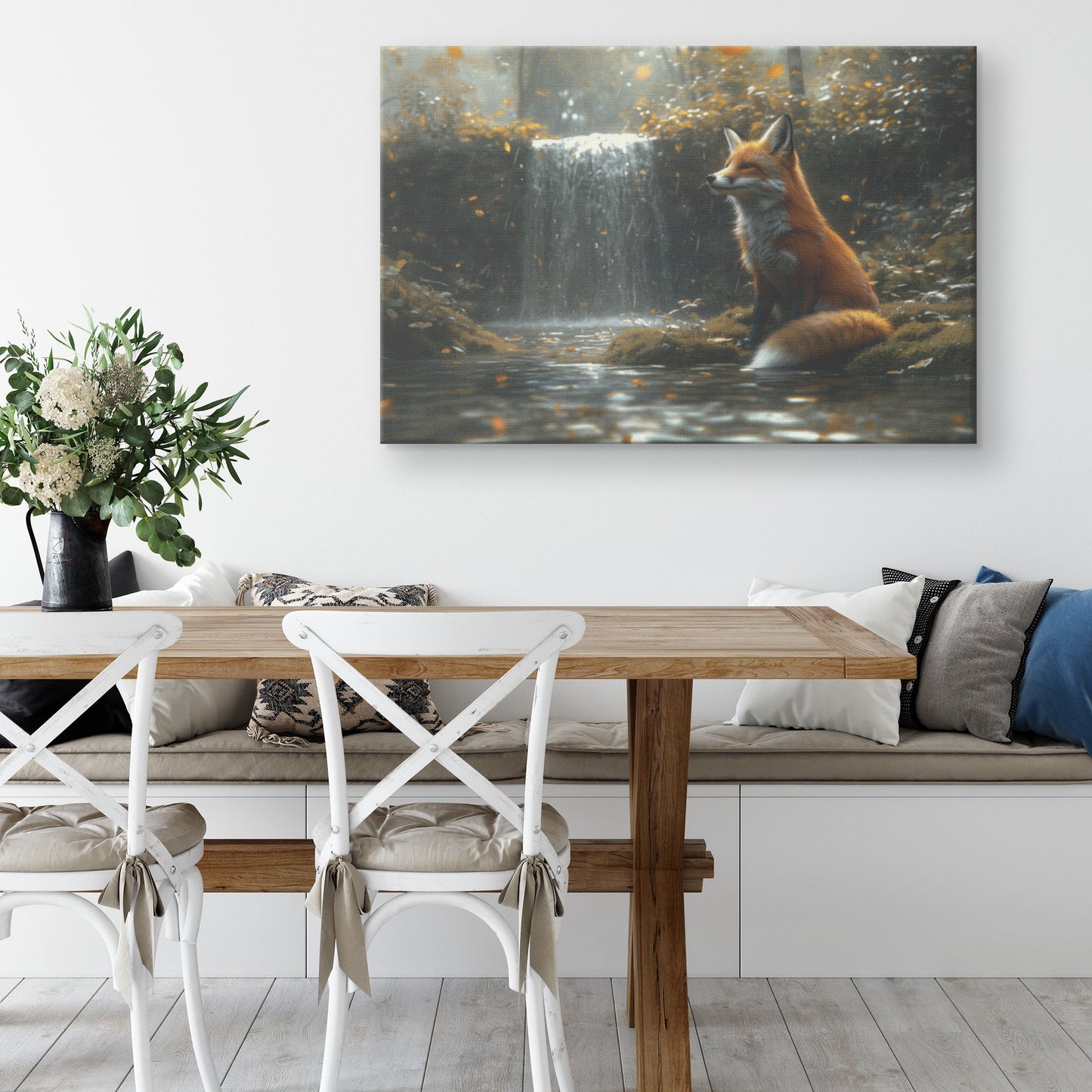 Graceful Fox Sitting by Glowing Waterfall in Peaceful Forest Canvas Wall Art Decor for Home or Office - Awakening Righteousness