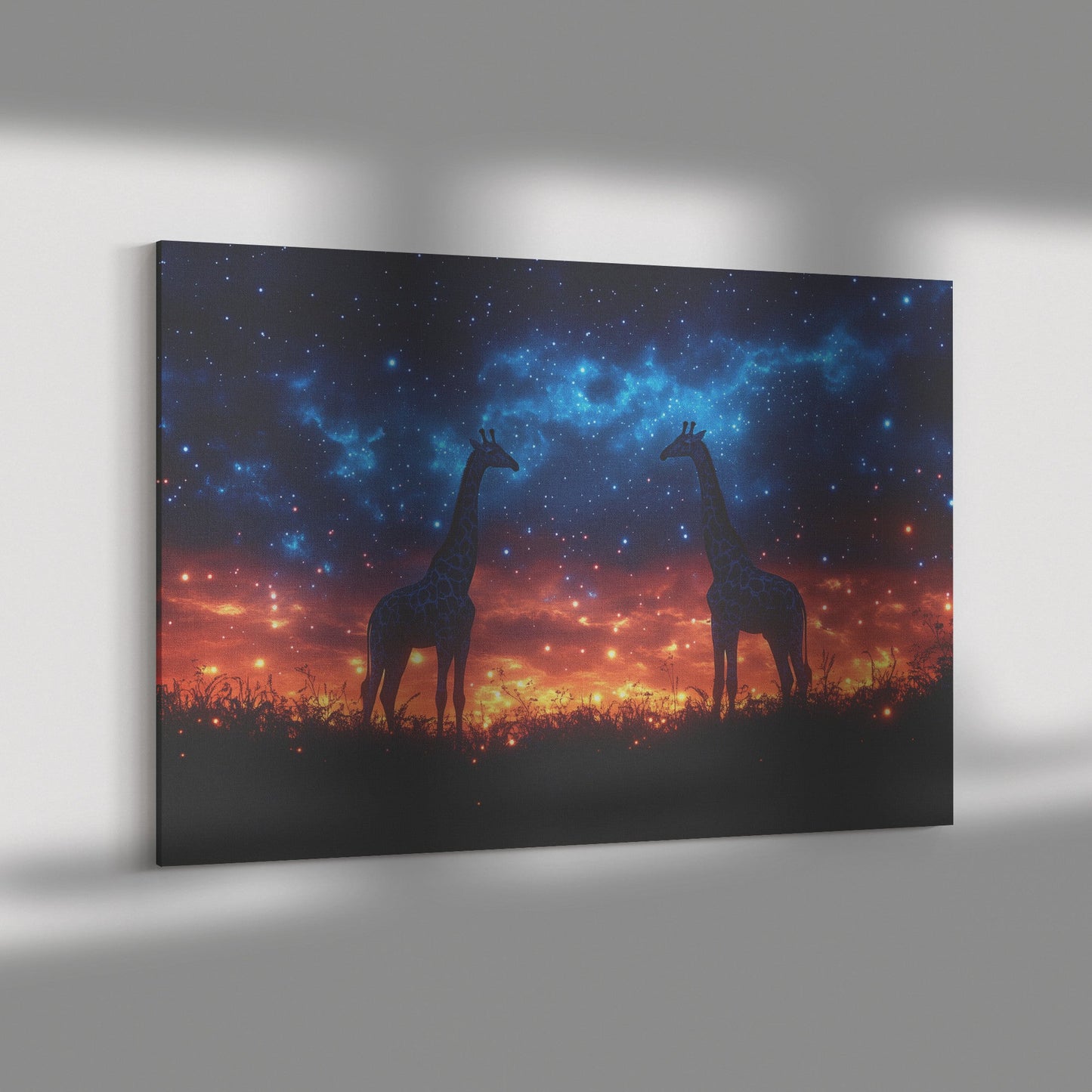 Graceful Giraffes Under Starry Twilight Sky With Glowing Grasslands Canvas Wall Art for Rustic Wildlife Decor - Awakening Righteousness