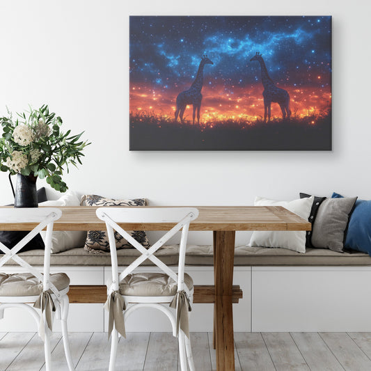 Graceful Giraffes Under Starry Twilight Sky With Glowing Grasslands Canvas Wall Art for Rustic Wildlife Decor - Awakening Righteousness