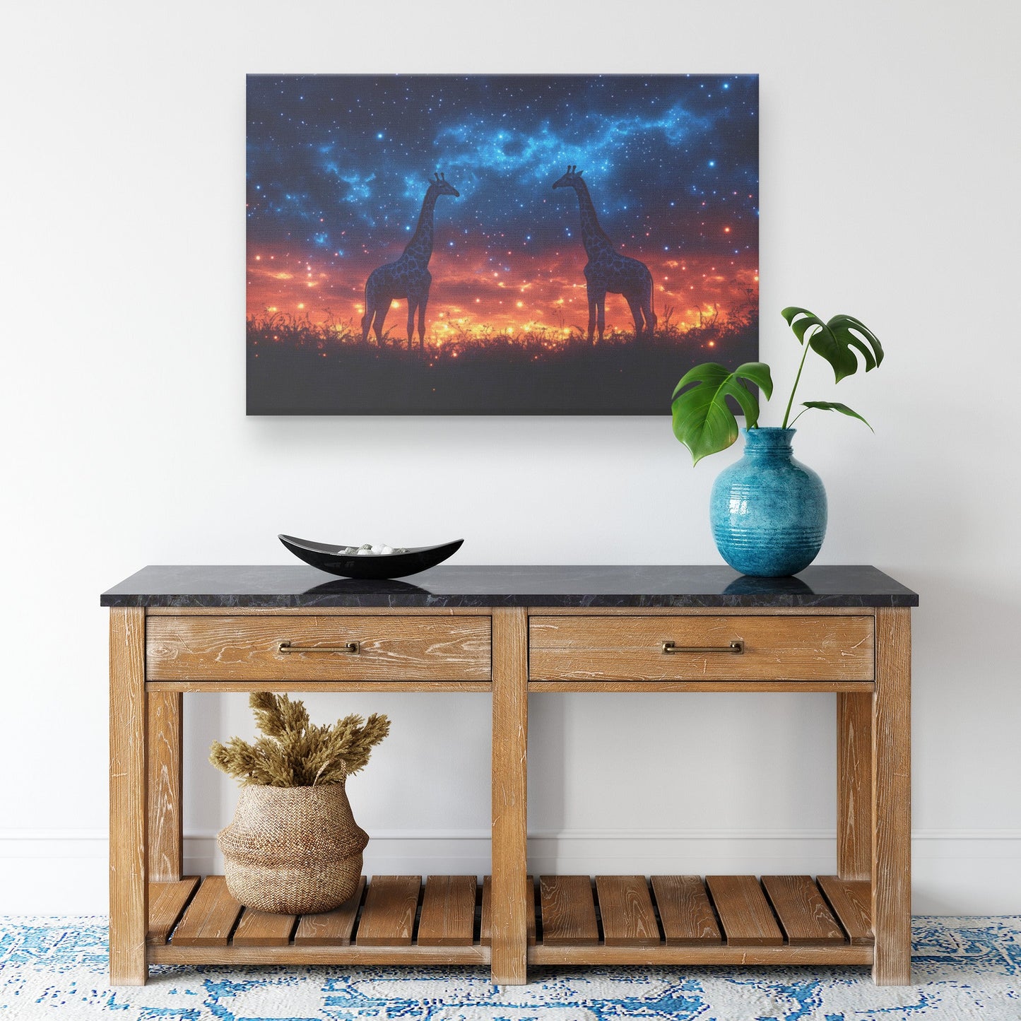 Graceful Giraffes Under Starry Twilight Sky With Glowing Grasslands Canvas Wall Art for Rustic Wildlife Decor - Awakening Righteousness
